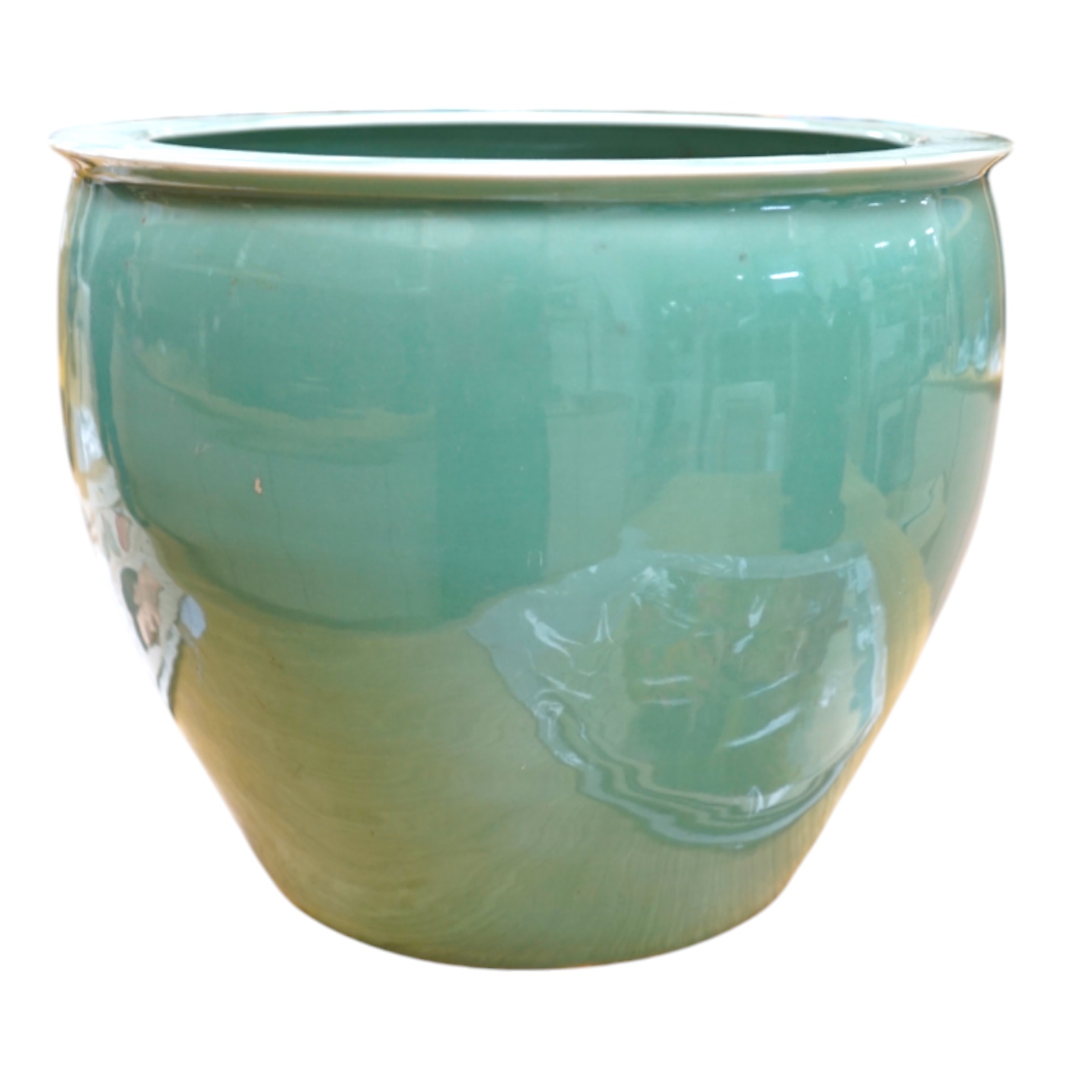 A large Chinese celadon glazed fish bowl or jardiniere, 30cm high, 37cm in diameter. Condition - good